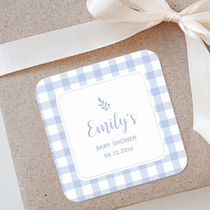 Simple Elegant Blue Gingham Plaid Boy Baby Shower Square Sticker