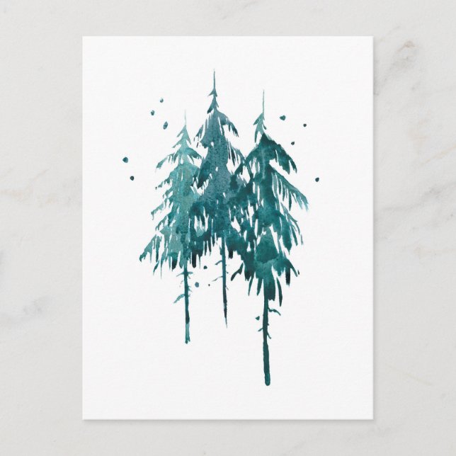 Simple Elegant Blue-Green Watercolor Pine Trees  Postcard (Front)