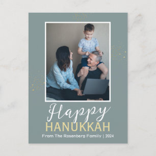 Simple Elegant Blue Happy Hanukkah One Photo Holiday Postcard