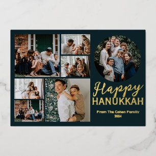 Simple Elegant Blue Happy Hanukkah photo Collage Foil Holiday Card