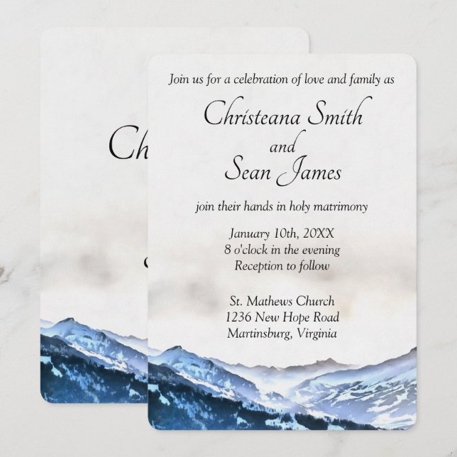 Simple Elegant Blue Misty Mountain Watercolor Invitation (Front/Back)