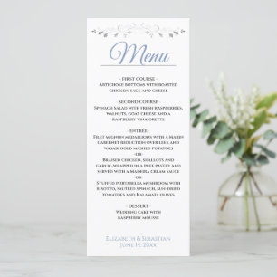 Simple Elegant Blue & Silver Lacy Filigree Wedding Menu