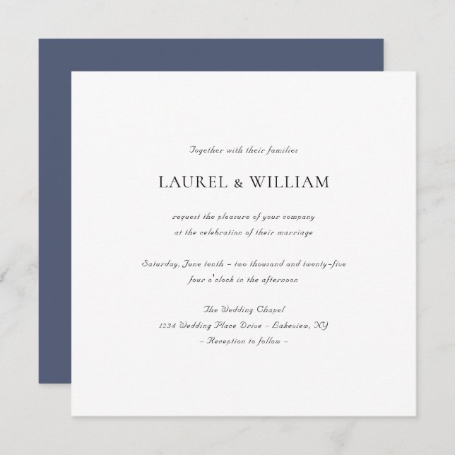 Simple Elegant Blue Square Wedding Invitation (Front/Back)