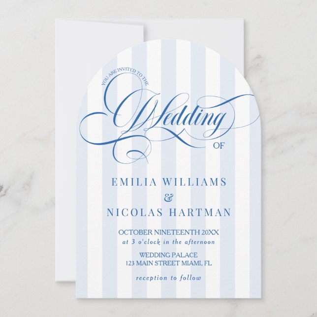 Simple Elegant Blue Striped Wedding Invitation (Front)