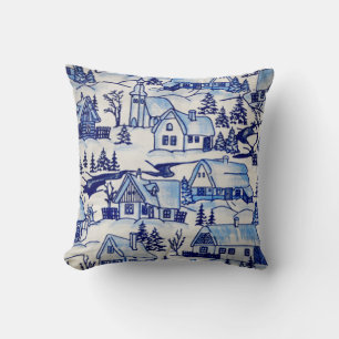Simple Elegant Blue White Christmas Holiday Town Cushion