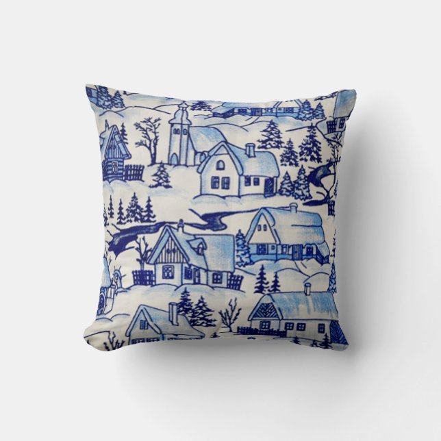 Simple Elegant Blue White Christmas Holiday Town   Cushion (Front)