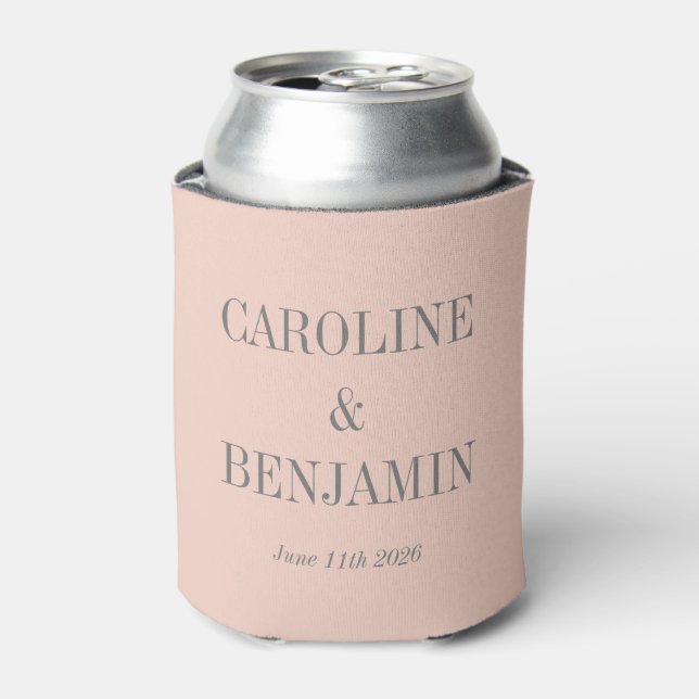Simple Elegant Blush Grey Custom Wedding Names Can Cooler (Can Front)