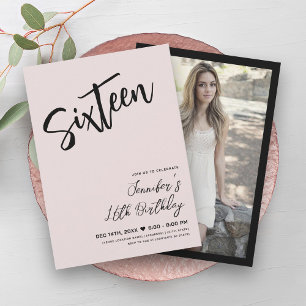 Simple Elegant Blush Pink Black Sweet 16 Script  Invitation