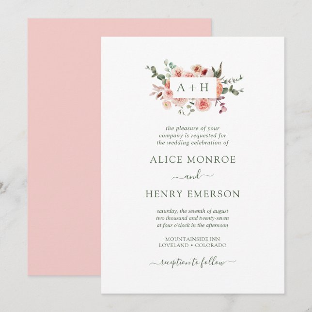 Simple Elegant Blush Pink Roses Greenery Wedding Invitation (Front/Back)