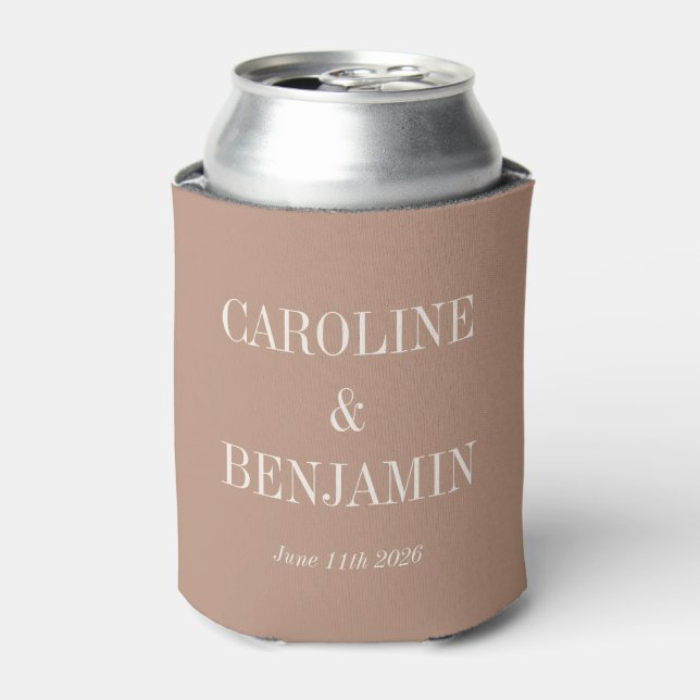 Simple Elegant Boho Cocoa Custom Wedding Names Can Cooler (Can Front)