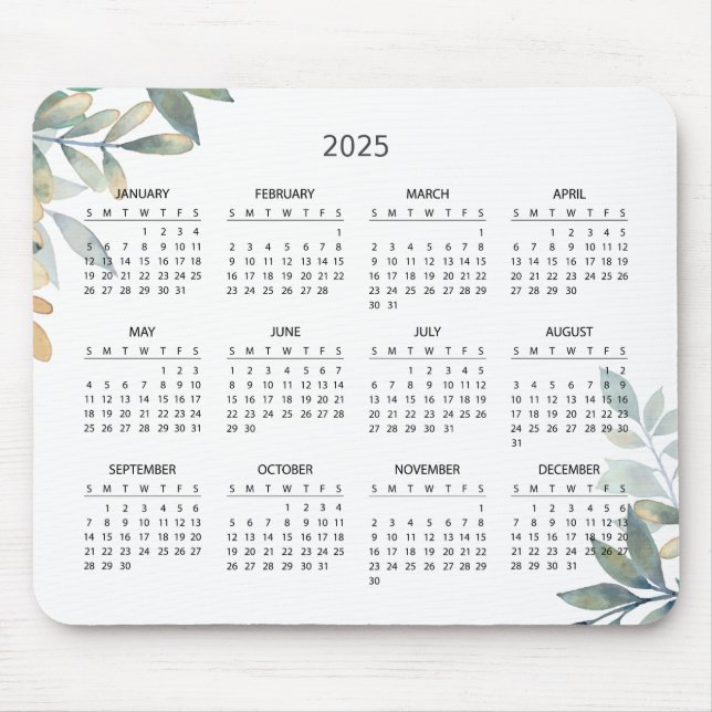 Simple Elegant Botanical 2025 Calendar | Mousepad (Front)
