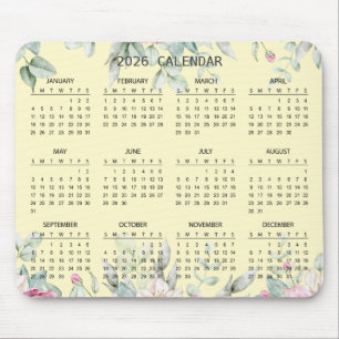 Simple Elegant Botanical 2026 Calendar Mousepad