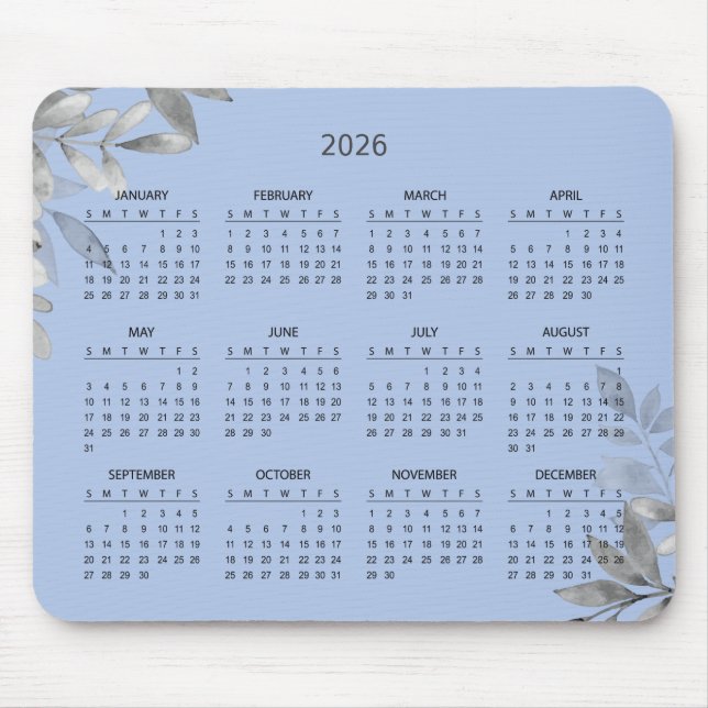 Simple Elegant Botanical 2026 Calendar | Mousepad (Front)