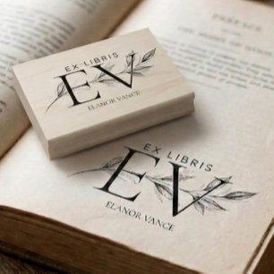 Simple Elegant Botanical Ex Libris Initials Name Rubber Stamp