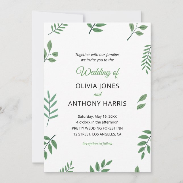 Simple Elegant Botanical Greenery Leaves Wedding  Invitation (Front)