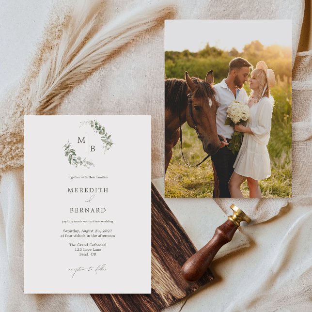 Simple Elegant Botanical Monogram Wedding Photo Invitation (Creator Uploaded)