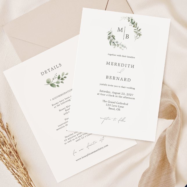 Simple Elegant Botanical Wedding Monogram Details Invitation (Creator Uploaded)