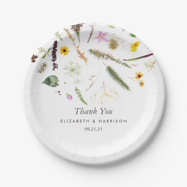 Simple Elegant Botanical Wild Flower Wedding Paper Plate (Front)