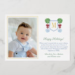 Simple Elegant Boxwood Monogram Photo Green Gold Foil Holiday Card<br><div class="desc">Preppy Happy Holidays photo card design featuring a Boxwood topiary tree with red bow, in a blue planter. In front of this is a crest shape with space for a single letter monogram. The watercolor elements were originally handpainted by me in watercolors onto 100% cotton paper before being scanned and...</div>