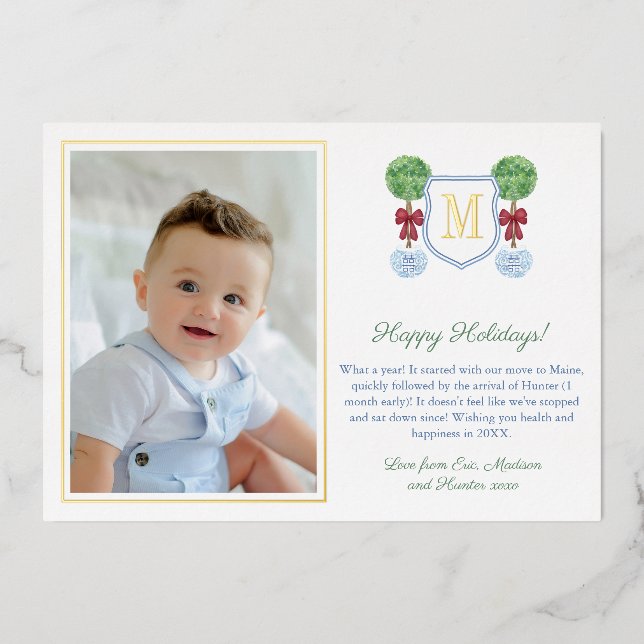 Simple Elegant Boxwood Monogram Photo Green Gold Foil Holiday Card (Front)