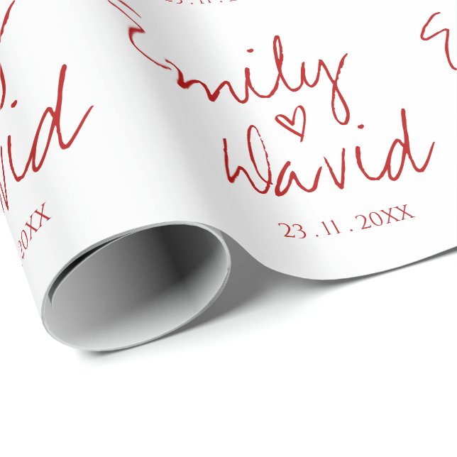 Simple Elegant Bride Groom Names Red Heart Wedding Wrapping Paper (Roll Corner)