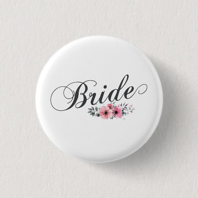 Simple & Elegant Bride Pink Floral | Pin Button (Front)