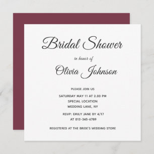 Simple Elegant Burgundy and White Bridal Shower Invitation