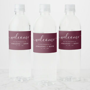 Simple Elegant Burgundy and White Wedding Water Bo Bottle Label