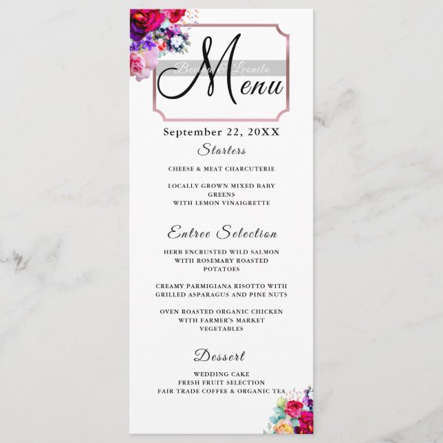 Simple Elegant Burgundy Floral Script Modern Wed Menu (Front)