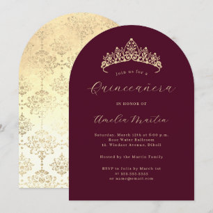 Simple Elegant Burgundy Gold Tiara Quinceanera  Invitation