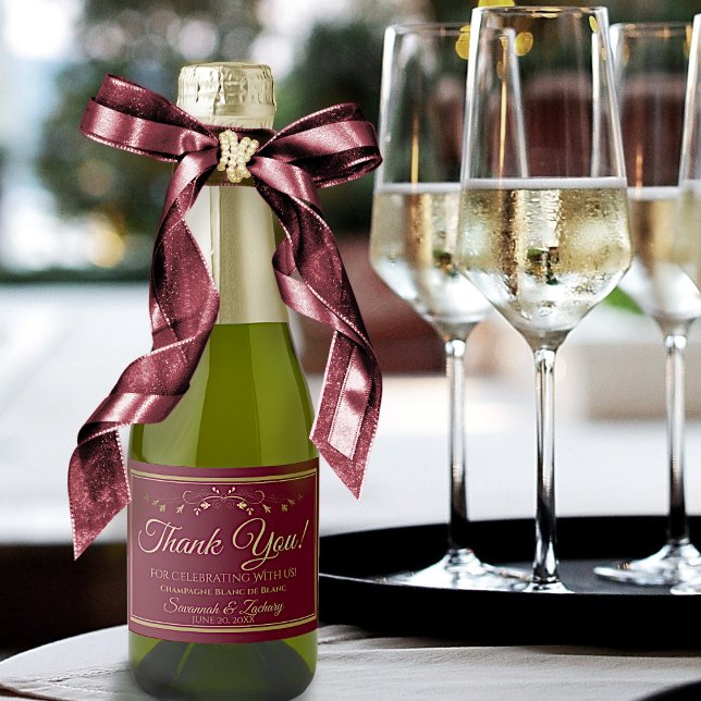Simple Elegant Burgundy Maroon & Gold Wedding Mini Sparkling Wine Label (Creator Uploaded)
