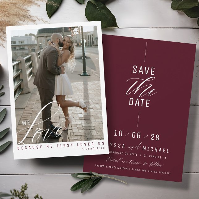 Simple Elegant Burgundy Photo Christian Wedding Save The Date (Love scripture elegant photo simple burgundy maroon religious modern Christian wedding save the date)