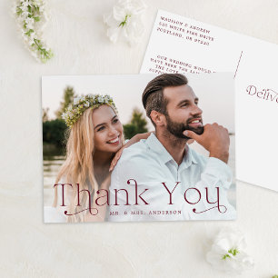 Simple Elegant Burgundy Photo Wedding Thank You Postcard