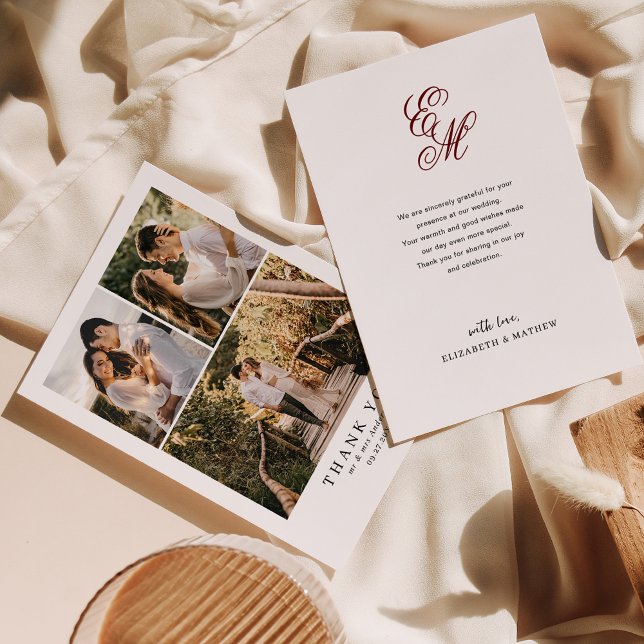 Simple Elegant Burgundy Red Monogram Photo Wedding Thank You Card (Creator Uploaded)