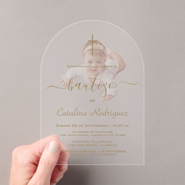 Simple Elegant Calligraphy Baby Photo Baptism  Acrylic Invitations (Insitu (Handheld))