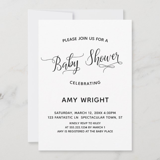 Simple, Elegant Calligraphy Baby Shower Invitation (Front)