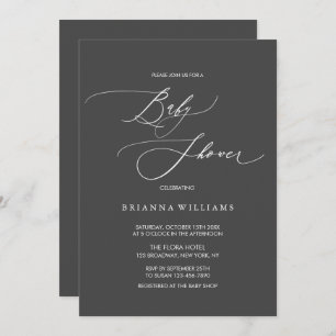 Simple Elegant Calligraphy Charcoal Baby Shower Invitation