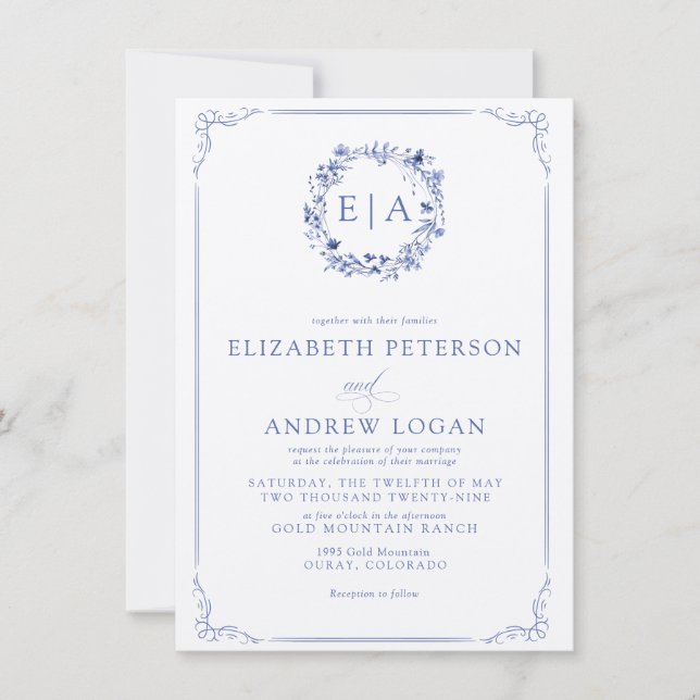 Simple Elegant  Calligraphy  Floral Wreath Wedding Invitation (Front)