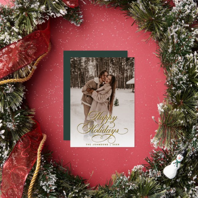 Simple Elegant Calligraphy Green Christmas Photo Foil Holiday Card (Insitu)