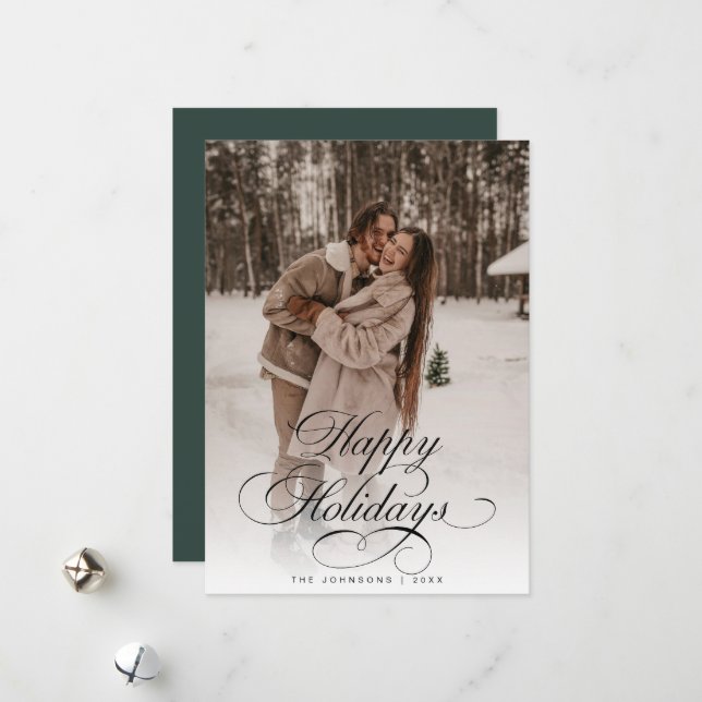 Simple Elegant Calligraphy Green Christmas Photo Holiday Card (Front/Back In Situ)