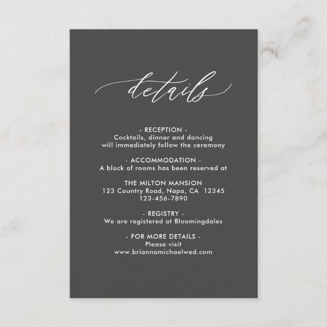 Simple Elegant Calligraphy Grey Wedding Details Enclosure Card (Front)