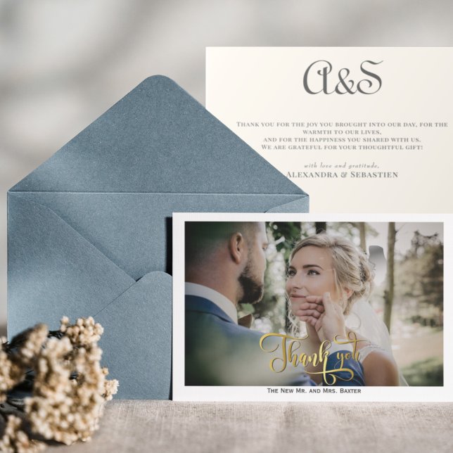 Simple Elegant Calligraphy Monogram Wedding Photo Thank You Card (Creator Uploaded)