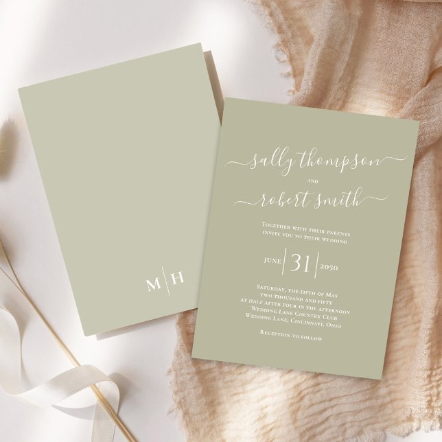 Simple Elegant Calligraphy Script Sage Green Invitation (Elegant and simple sage green wedding invitation with stylish script.)