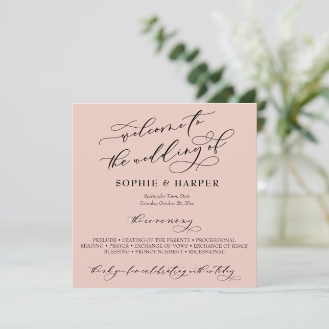 Simple Elegant Calligraphy Typography Blush Pink Programme (Standing Front)