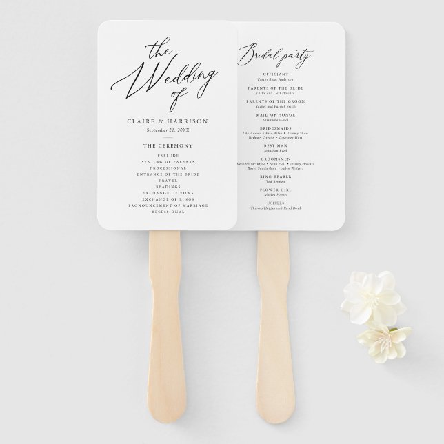 Simple Elegant Calligraphy Wedding Program Hand Fan (Front and Back)