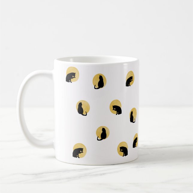 Simple Elegant Cat Silhouette Golden Circles White Coffee Mug (Left)