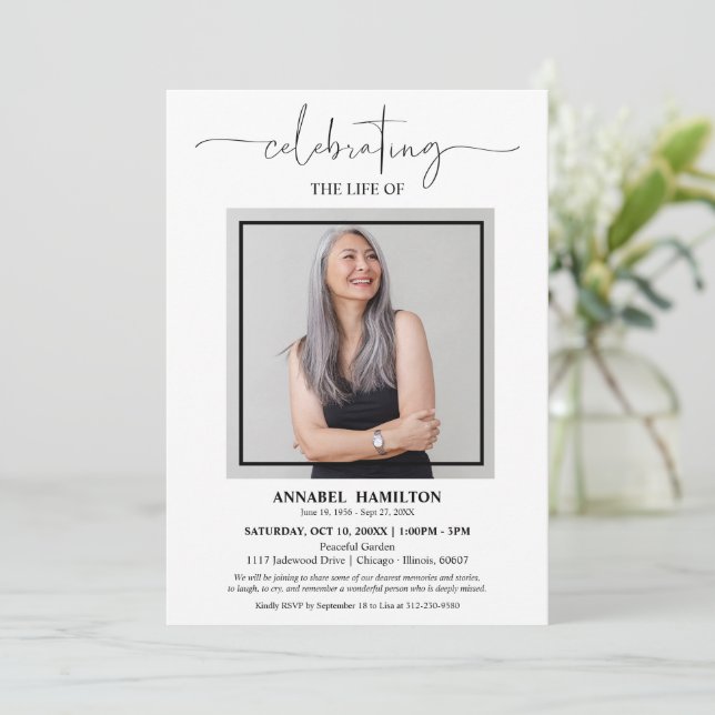 Simple Elegant Celebration of Life Funeral Photo Invitation (Standing Front)