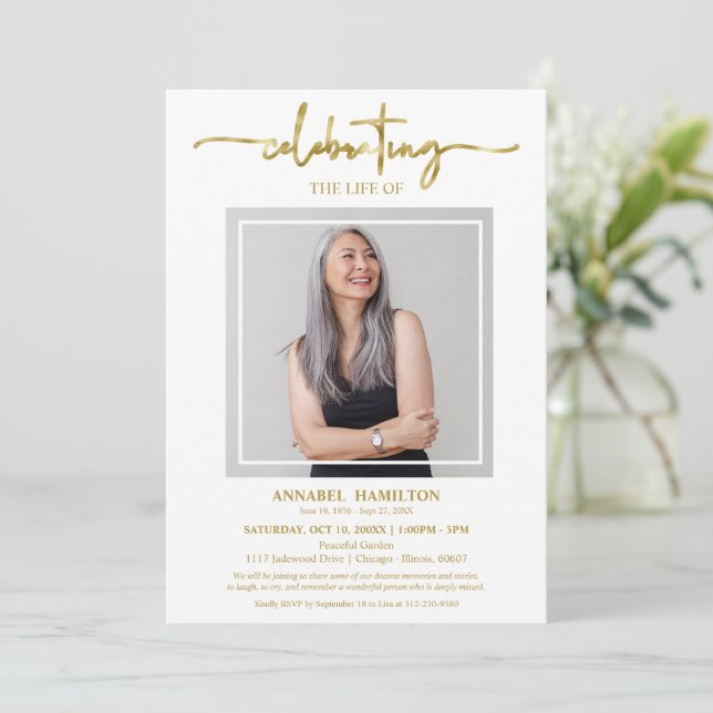 Simple Elegant Celebration of Life Funeral Photo Invitation (Standing Front)