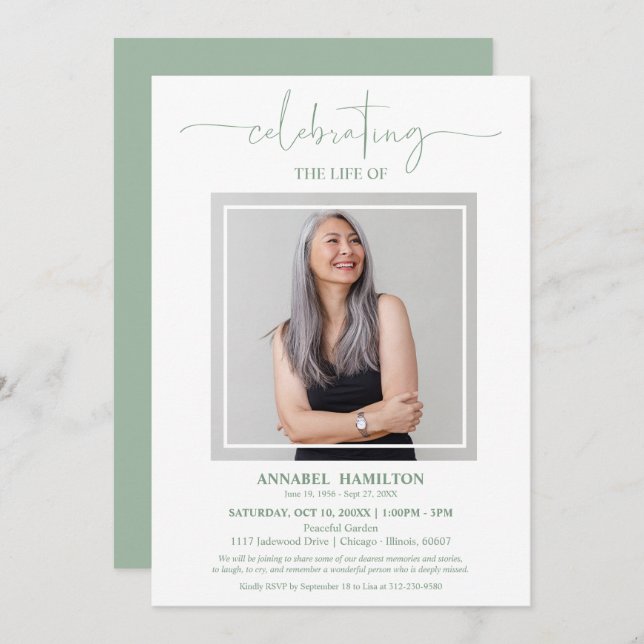 Simple Elegant Celebration of Life Funeral Photo Invitation (Front/Back)
