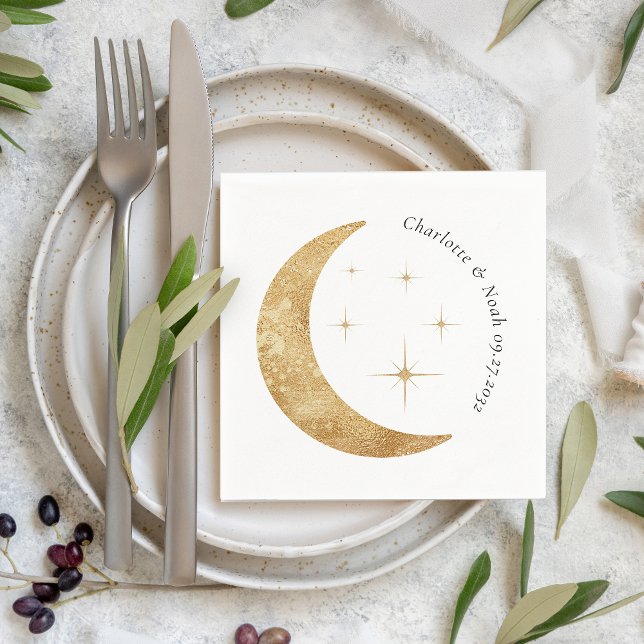 Simple Elegant Celestial Gold Moon Stars Wedding Napkin (Creator Uploaded)